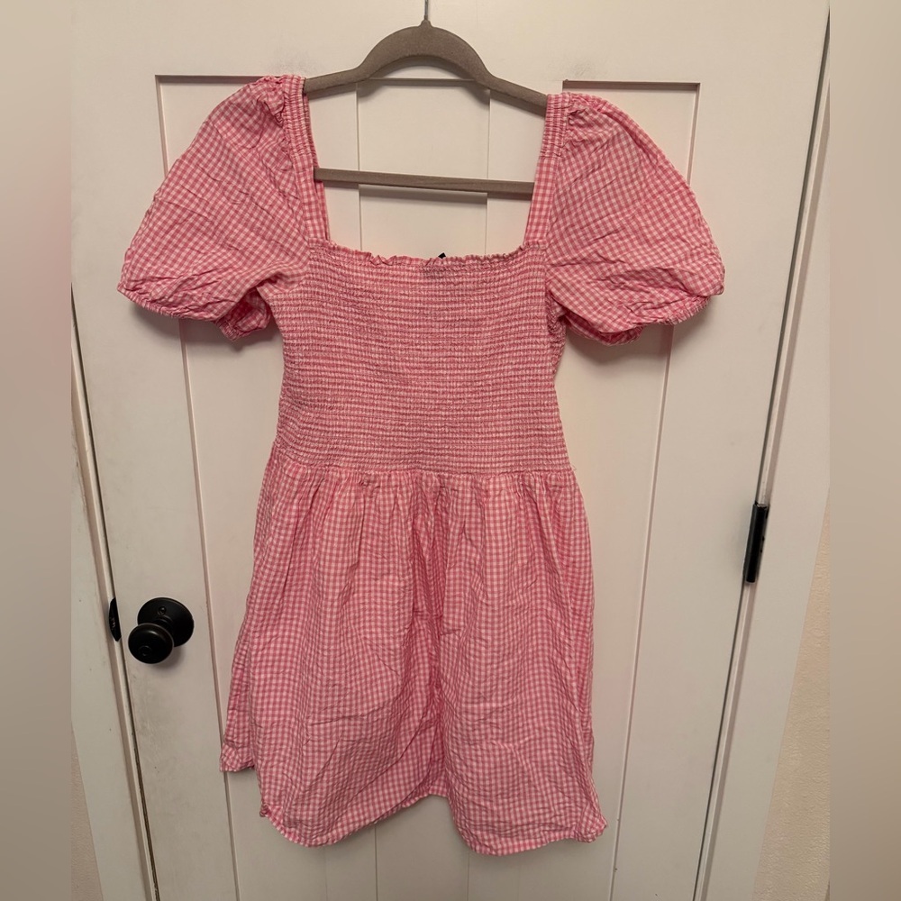 French Connection Artina Pink Gingham Mini Dress Square neck Puff Sleeve Medium - Picture 3 of 5